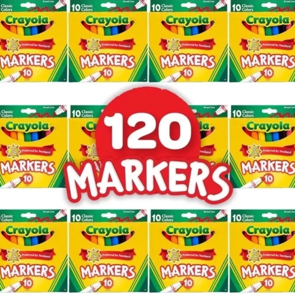 Crayola Markers - 10 Classic Colors In Each Pack  - Broad Line Tip (12 PACK)